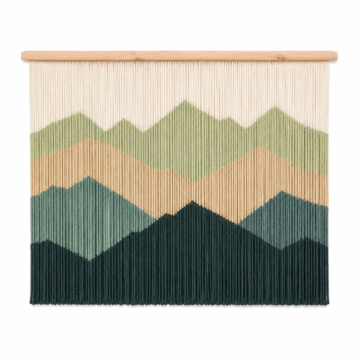 Makramee Wandteppich 100 x 100 cm Baumwolle Grün Beige Holz Bergmotiv