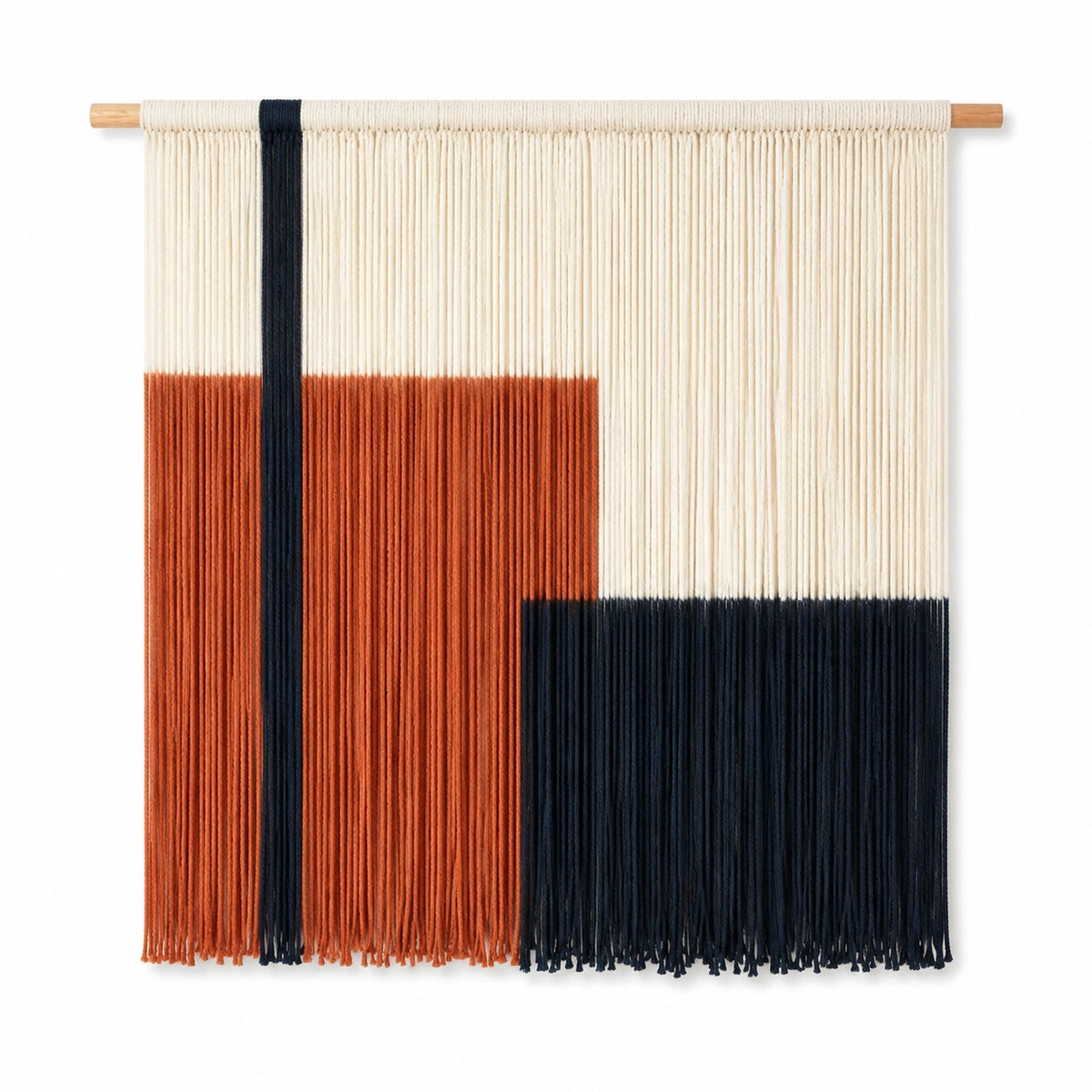 Wandteppich 100 x 100 cm aus Baumwolle Beige Rostbraun Dunkelblau mit Holzstab im Boho-Stil