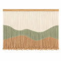 Wandteppich 150 x 110 cm Baumwolle Grün Beige Braun mit Holzleiste Fransen Wanddekoration