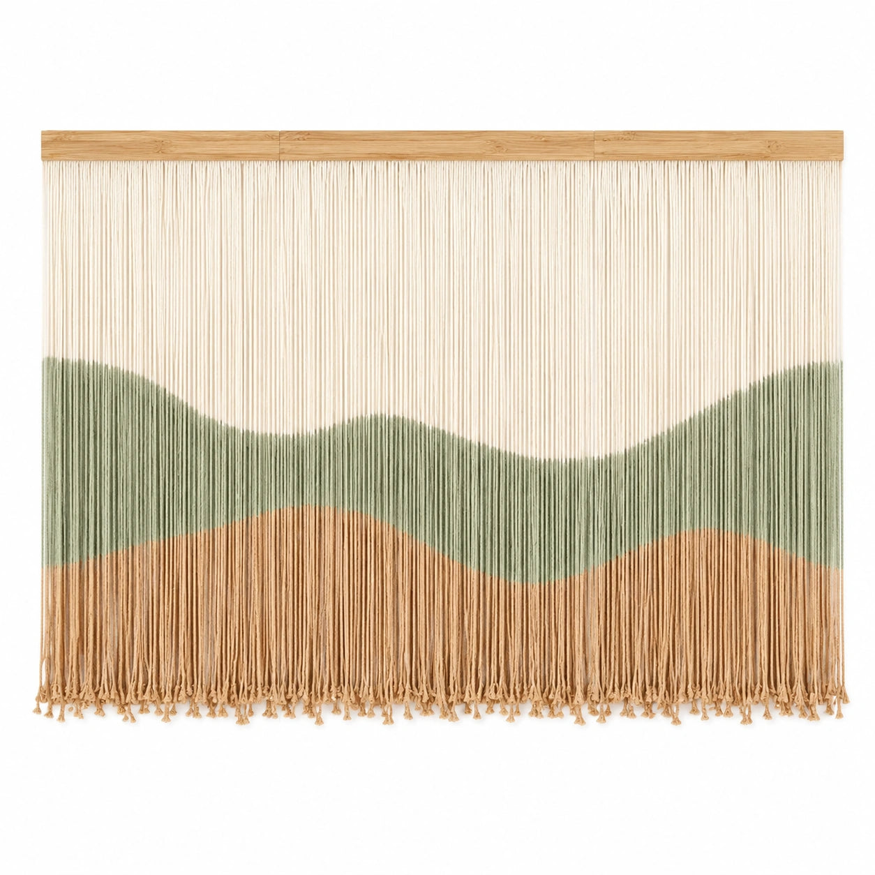 Wandteppich 150 x 110 cm Baumwolle Grün Beige Braun mit Holzleiste Fransen Wanddekoration
