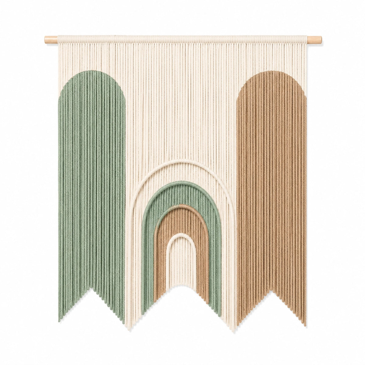 Wandteppich 70 cm x 90 cm aus Textilgarn in Grün Beige Natur mit Holzstab im Boho-Stil