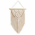 Makramee Wandbehang 40 x 90 cm aus Baumwollkordel in Creme mit Holzstab im Boho Stil