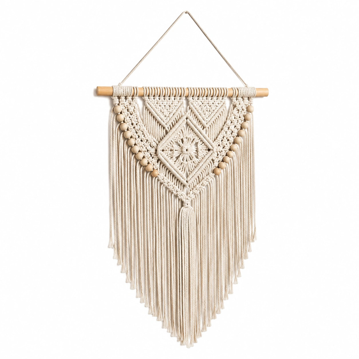 Makramee Wandbehang 40 x 90 cm aus Baumwollkordel in Creme mit Holzstab im Boho Stil