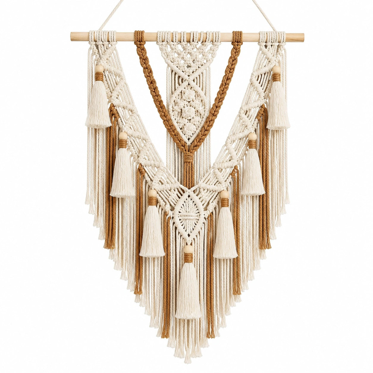 Makramee Wandbehang 50 x 85 cm aus Baumwolle und Holz in Creme/Braun Boho Dekoration