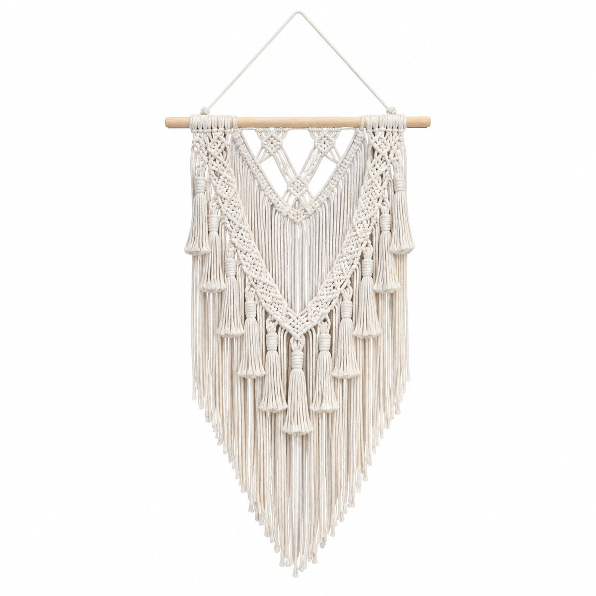 Makramee Wandbehang 50 x 90 cm Baumwolle Creme mit Holzstab im Boho Stil
