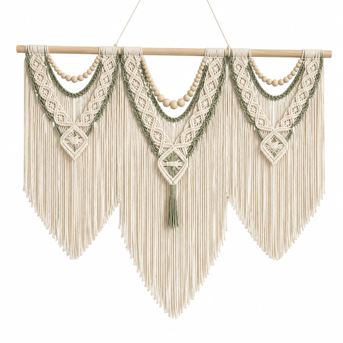 Makramee Wandteppich 120 x 100 cm aus Textilkordel in Creme Salbeigrün mit Holzstab im Boho Stil