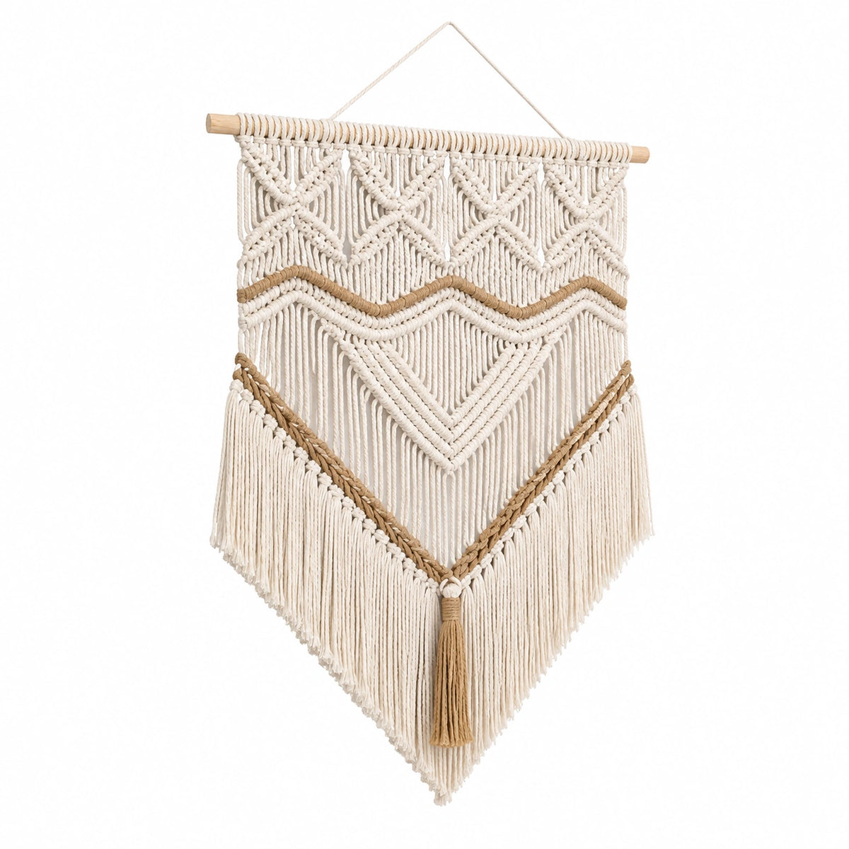 Makramee Wandteppich 50 x 90 cm aus Baumwollkordel in Creme Beige für Wohnräume im Boho-Stil