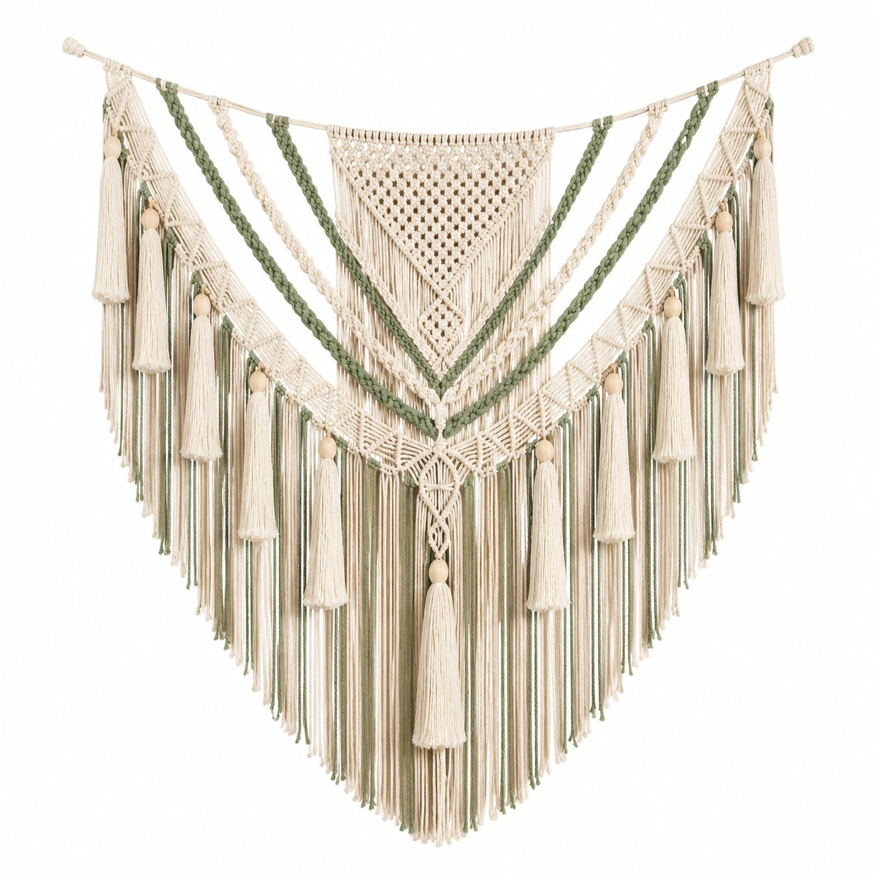 Makramee Wandbehang 100 x 110 cm Baumwolle Creme Grün Boho Fransen