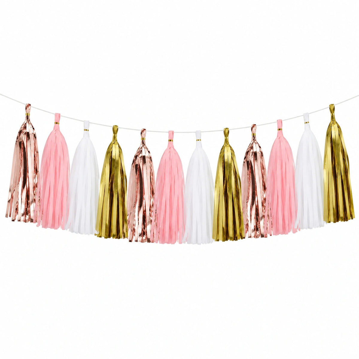 Quastengirlande 300 cm aus Papier und Folie in Rosa/Weiß/Roségold/Gold - hängende Partydekoration