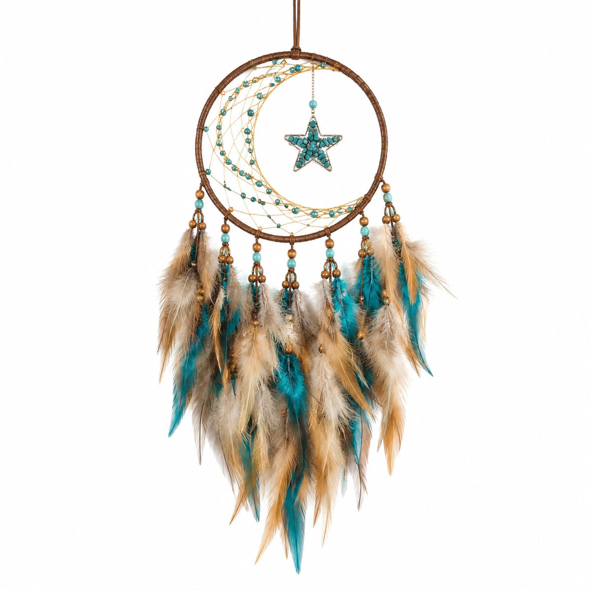 Traumfänger 25 x 65 cm mit Federn und Perlen in Braun Türkis im Boho-Stil