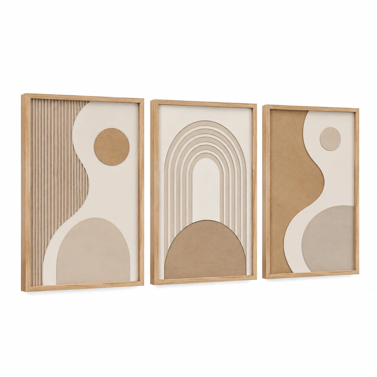 3er Set Wandbilder 40 x 60 cm Holz Beige geometrisches Relief für Wohnräume