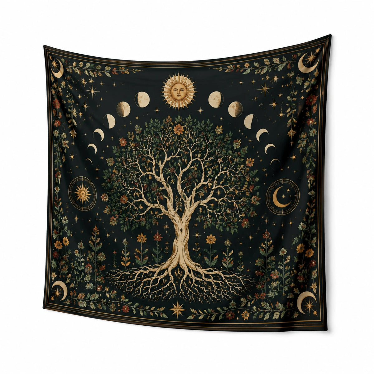 Wandteppich 150 x 150 cm aus Stoff dunkelgrün mit Baum und Mondphasen Wanddekoration