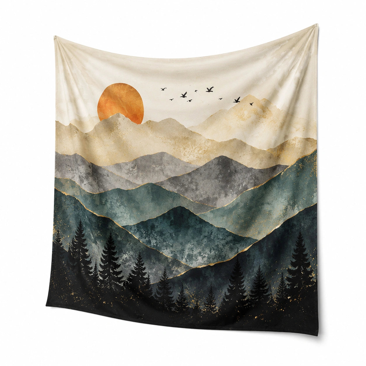 Wandteppich 150 x 130 cm aus Polyester in Beige Grün mit Berglandschaft - dekorativer Wandbehang