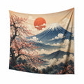 Wandteppich 150 x 150 cm Polyester Beige Blau mit Bergmotiv im japanisch inspirierten Stil