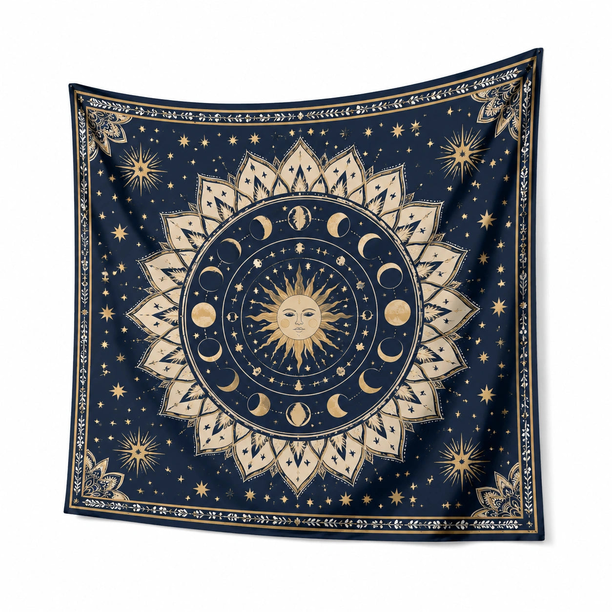 Wandteppich 150 x 150 cm Polyester Dunkelblau Gold Sonnen Mond Sterne Motiv