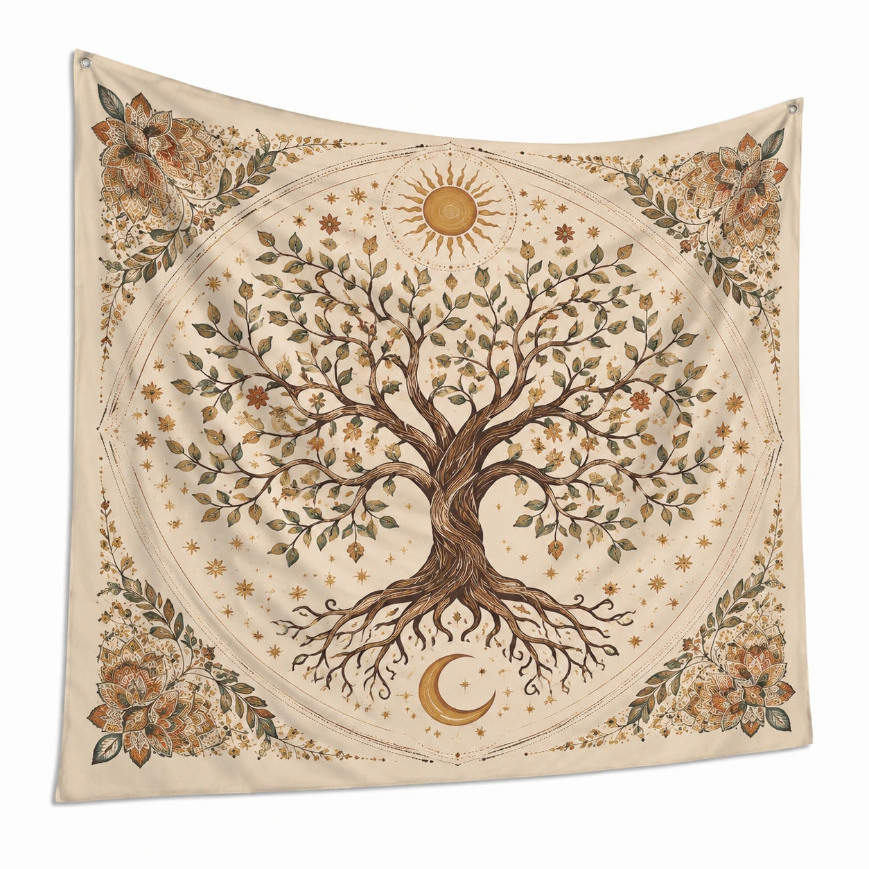 Wandteppich 150 x 150 cm Polyester Beige Braun Baum Motiv mit Ösen